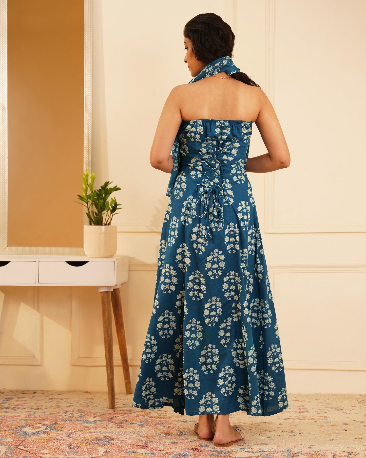 Sara Dabu Print Maxi Dress With Dupatta – Lifestyle Shot | IndiZari