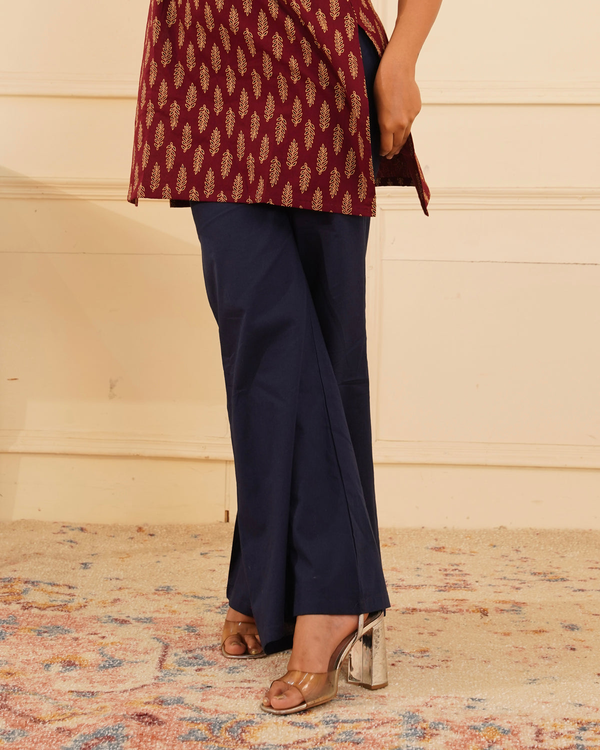 Blue pure cotton straight bottom for women – solid ethnic trouser front view | IndiZari
