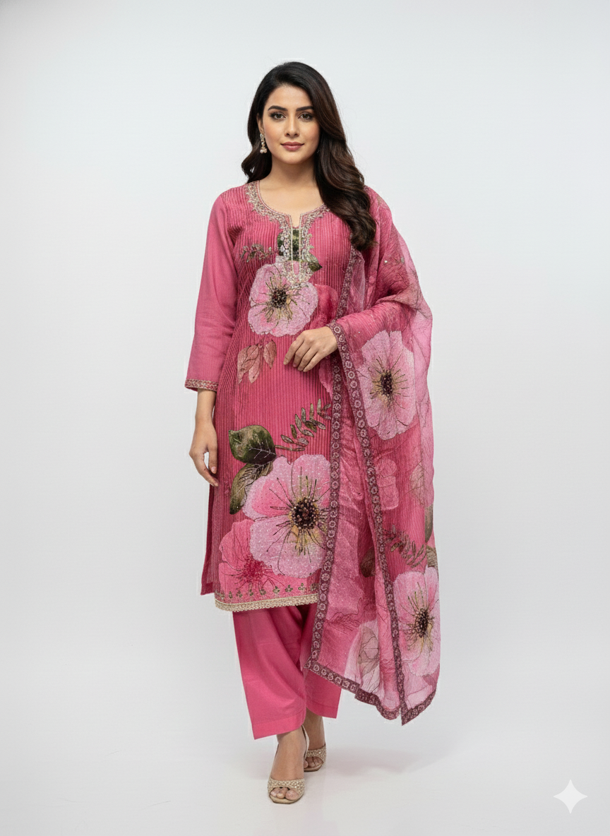 Glass organza floral digital print unstitched ladies suit with cutdana and zarkan handwork