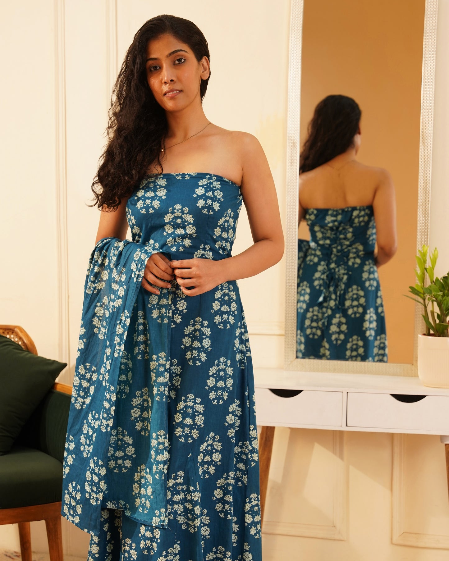 Sara Cotton Maxi Dress With Scarf Dupatta – Full Length View
