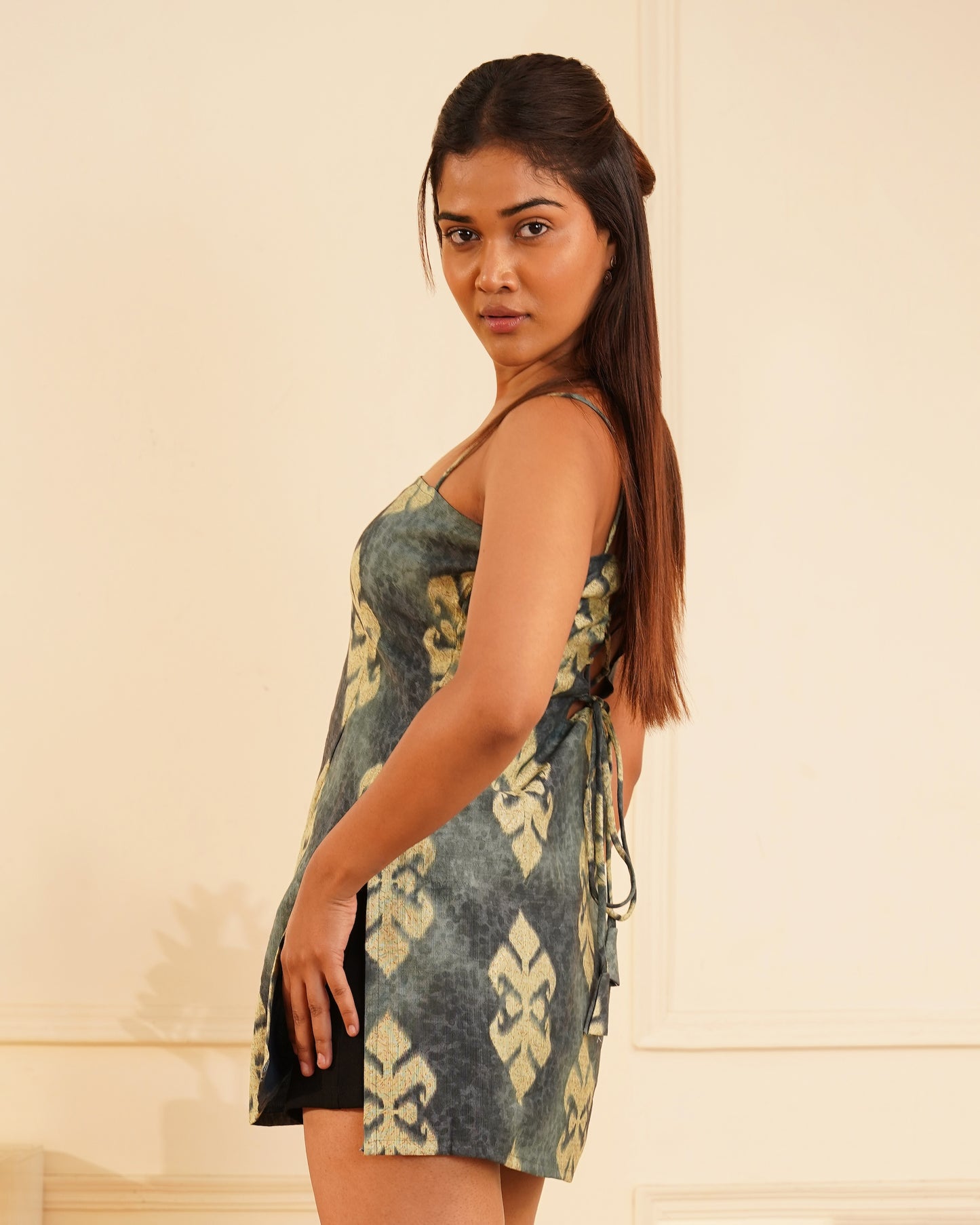 Muskan Ikat Foil Print Short Dress – Corset Back Detail