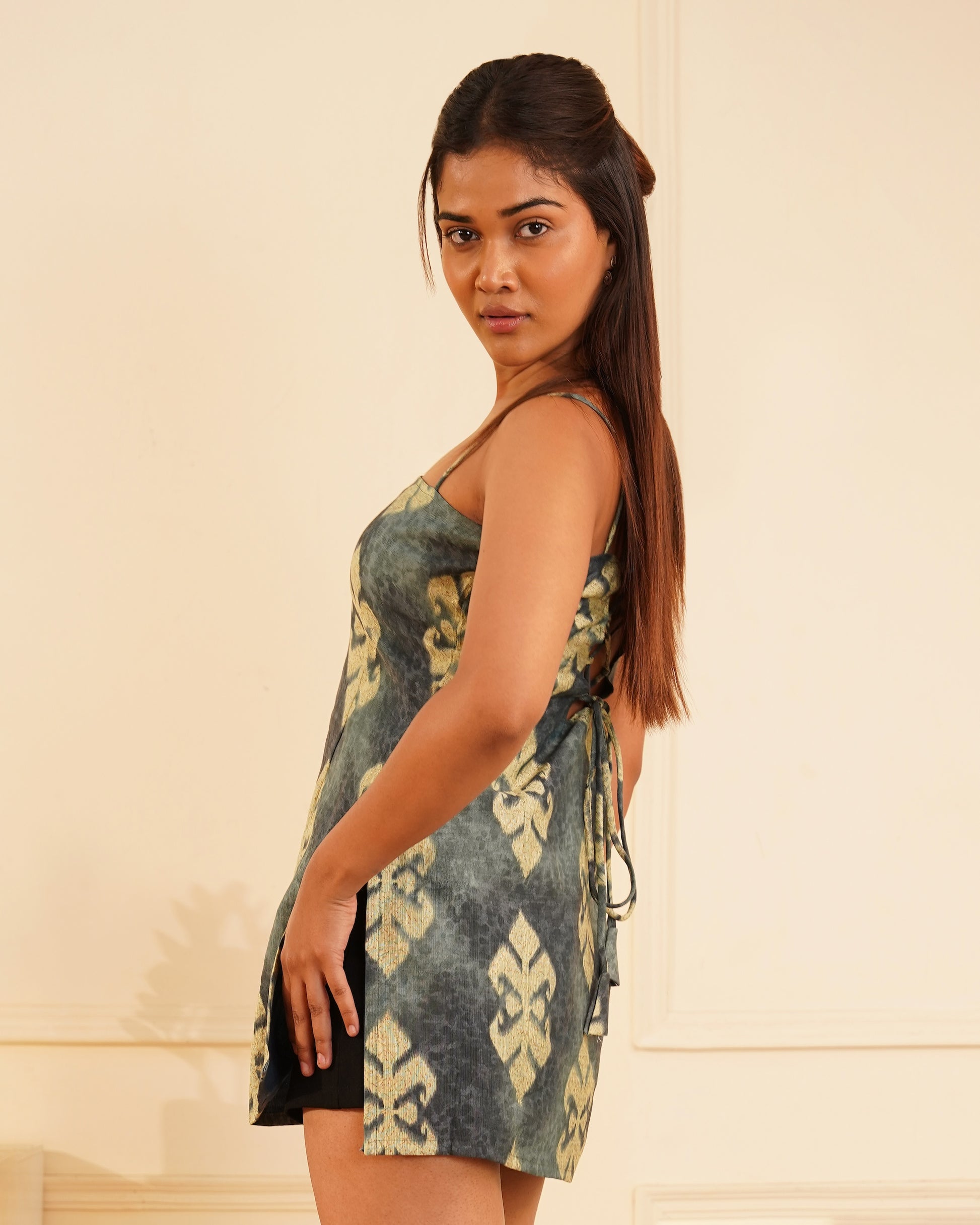 Muskan Ikat Foil Print Short Dress – Corset Back Detail