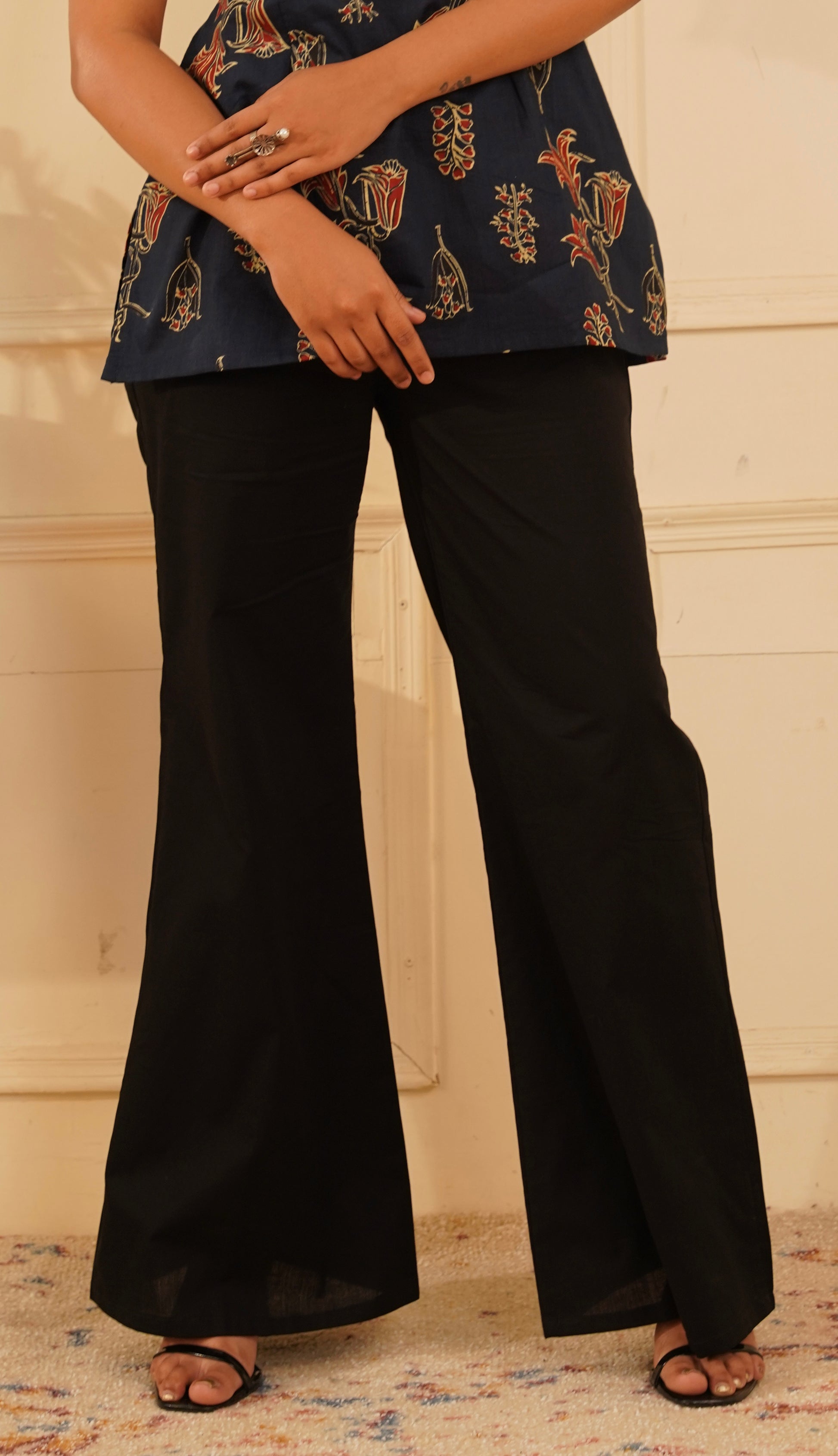 Black pure cotton straight bottom for women – solid ethnic trouser front view | IndiZari
