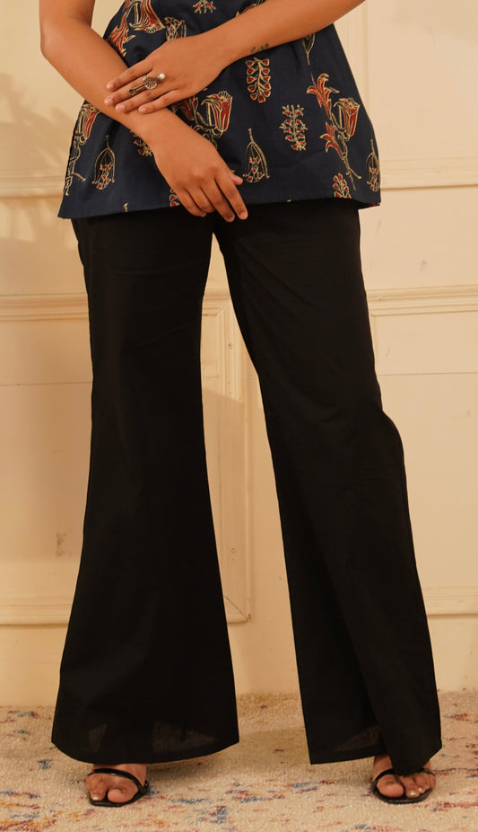 Black pure cotton straight bottom for women – solid ethnic trouser front view | IndiZari