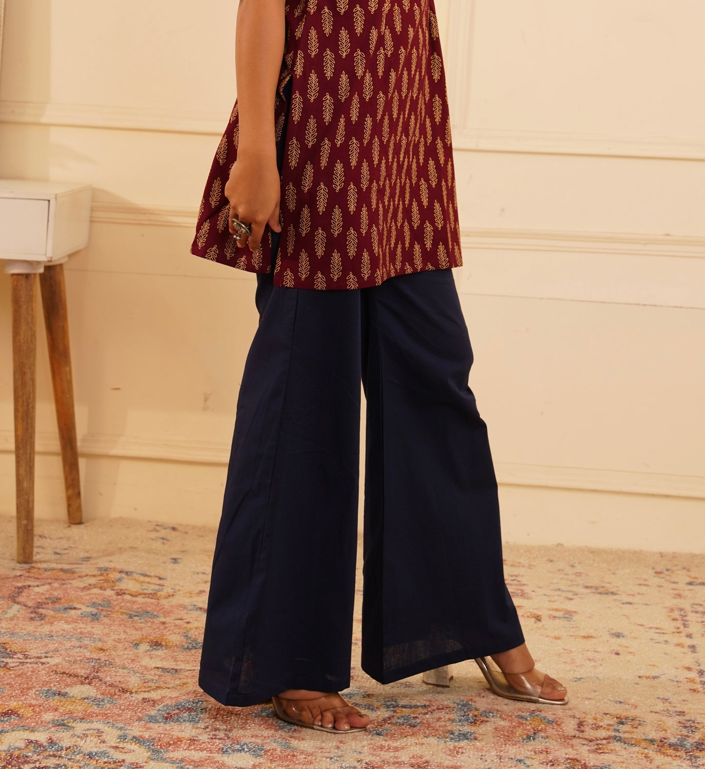 IndiZari blue cotton straight bottom – relaxed smart fit solid plain trouser