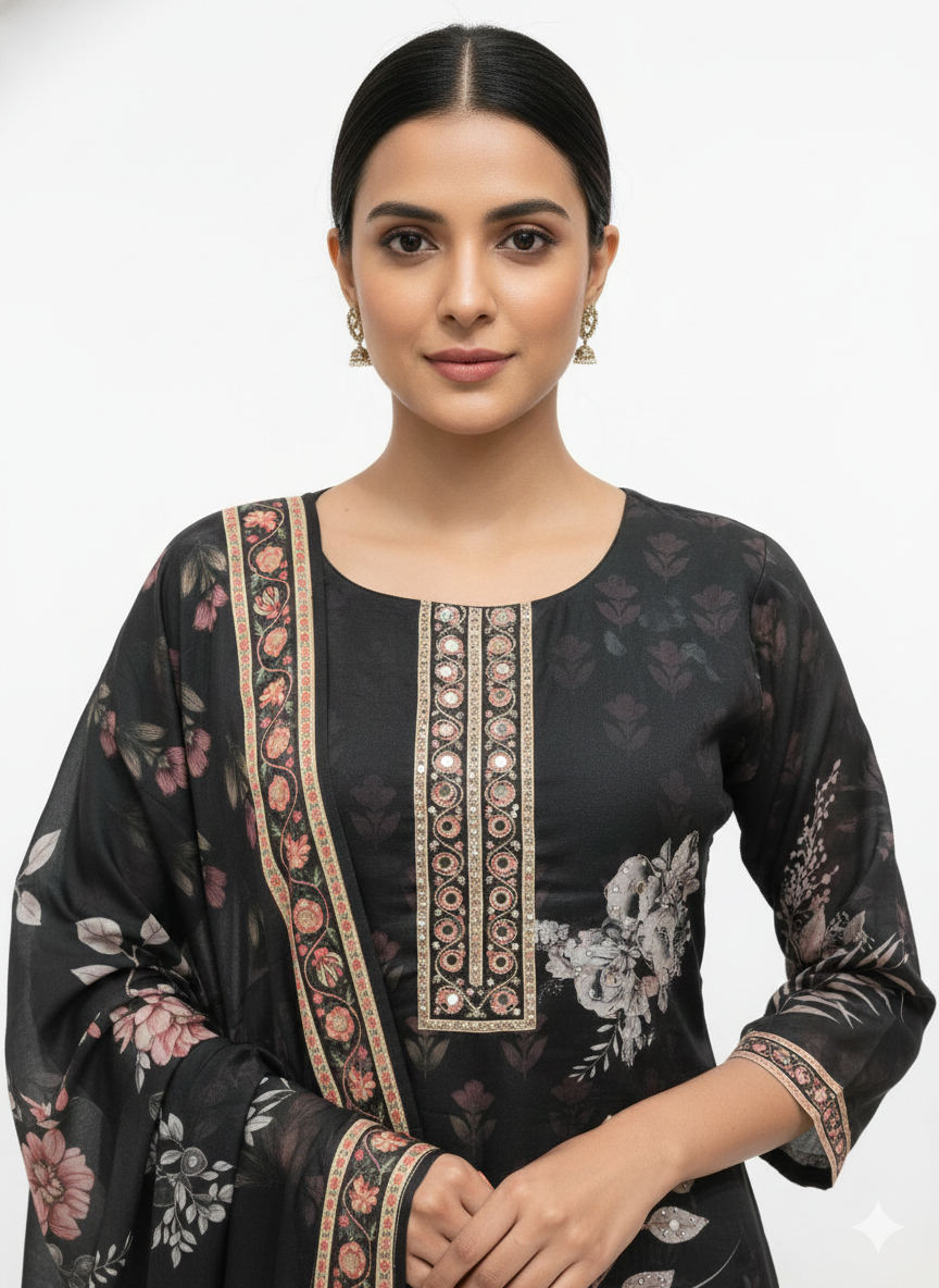 Shadow Black Printed Muslin With Rayon Pant Readymade Suit