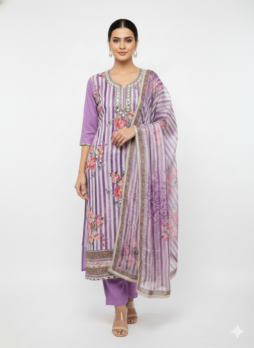 Handcrafted glass organza unstitched ladies suit with zarkan and thread embroidery