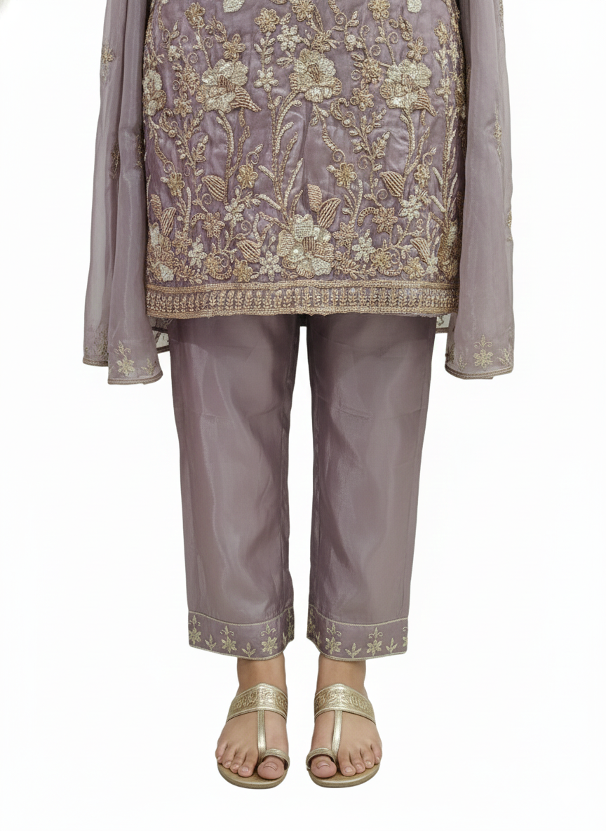 Glass Organza Ready-Made Top & Pant Set with Chikankari Dupatta – Resham Thread & Bead Work