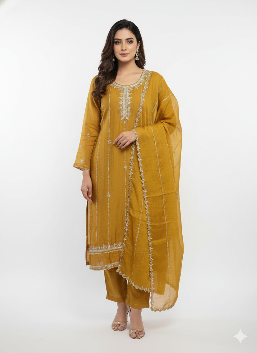 Latest suit trends for ladies handcrafted organza unstitched suit online