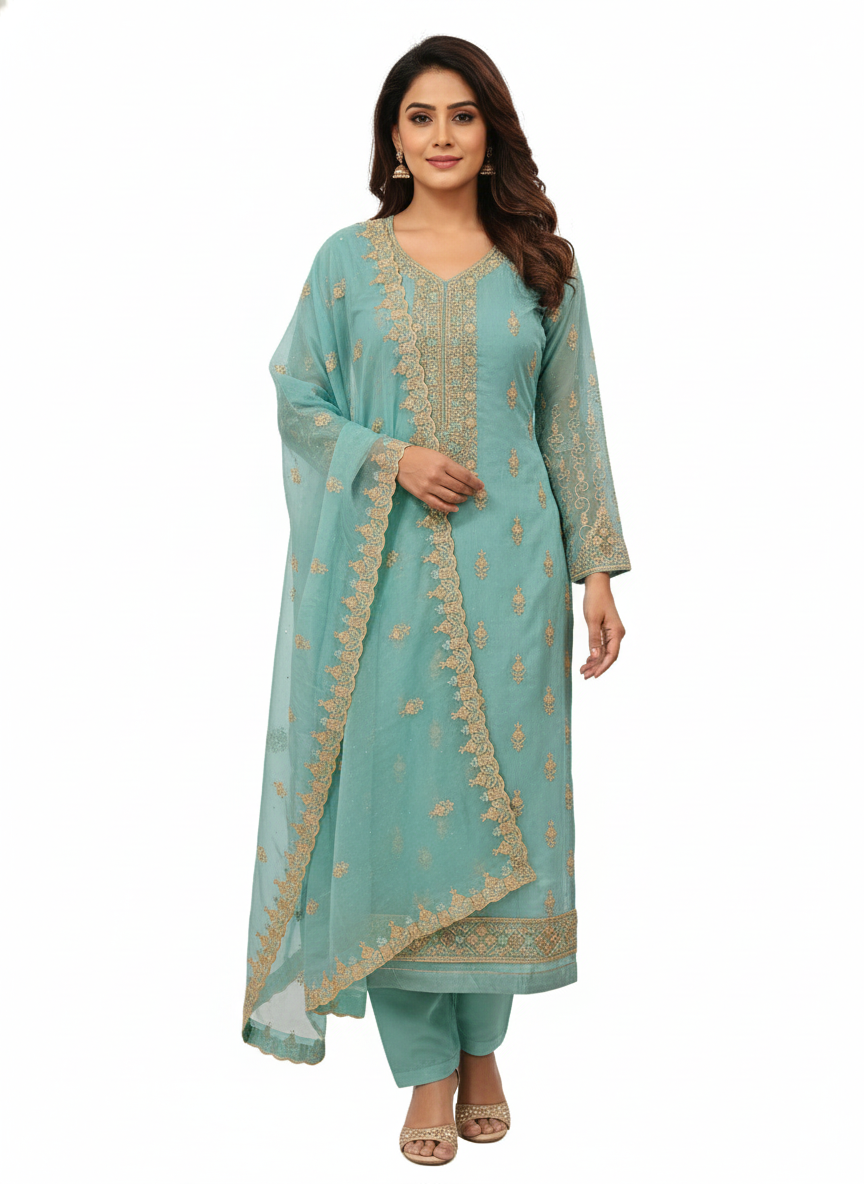 Elegant worked dupatta paired with glass organza festive suit