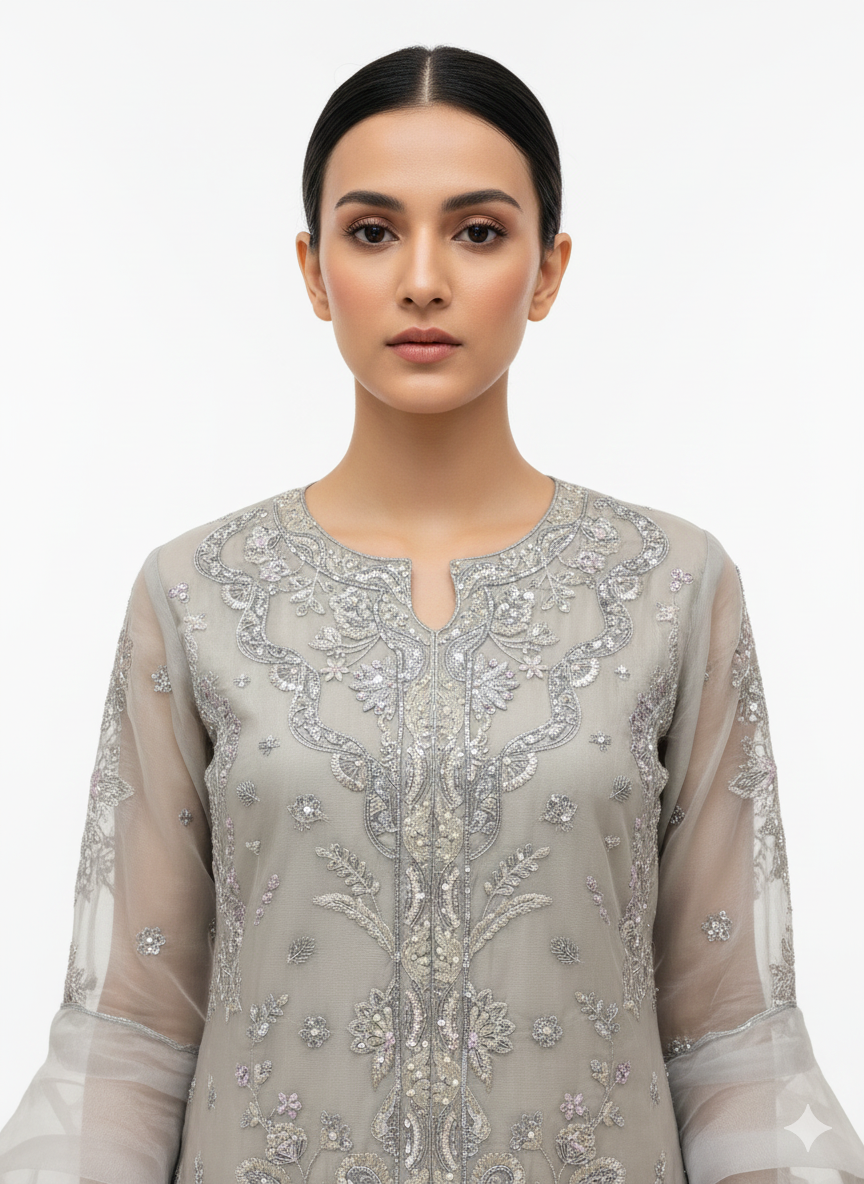 Ladies suit design showcasing modern couture styling in organza fabric