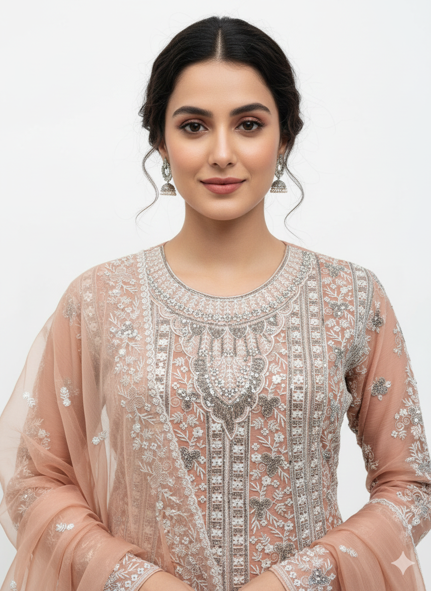 Chiffon Organza Top-Peplon & Sharara Set with Zari & Zarkan Work