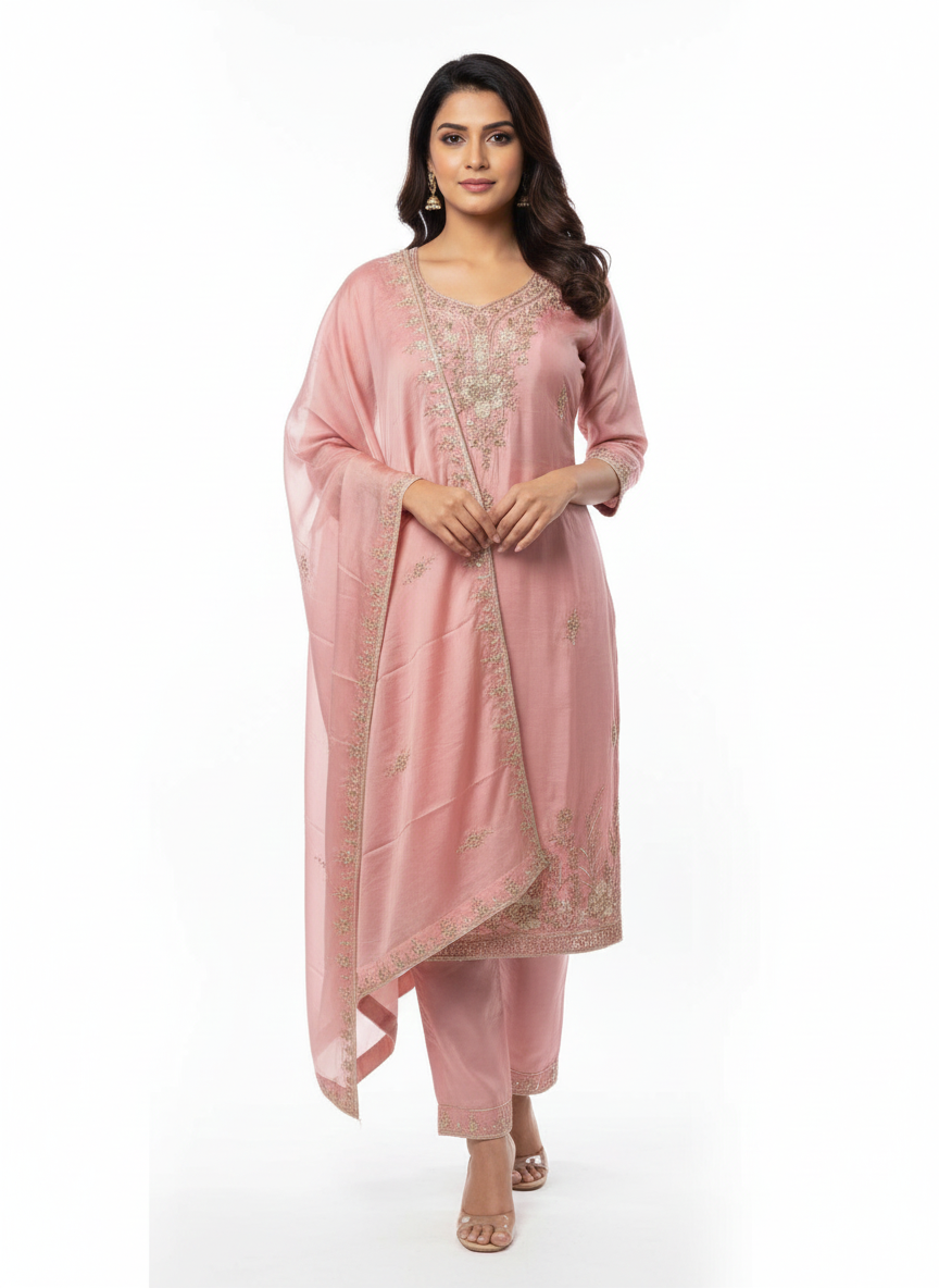 Traditional ladies suit with chikankari dupatta and fine detailing