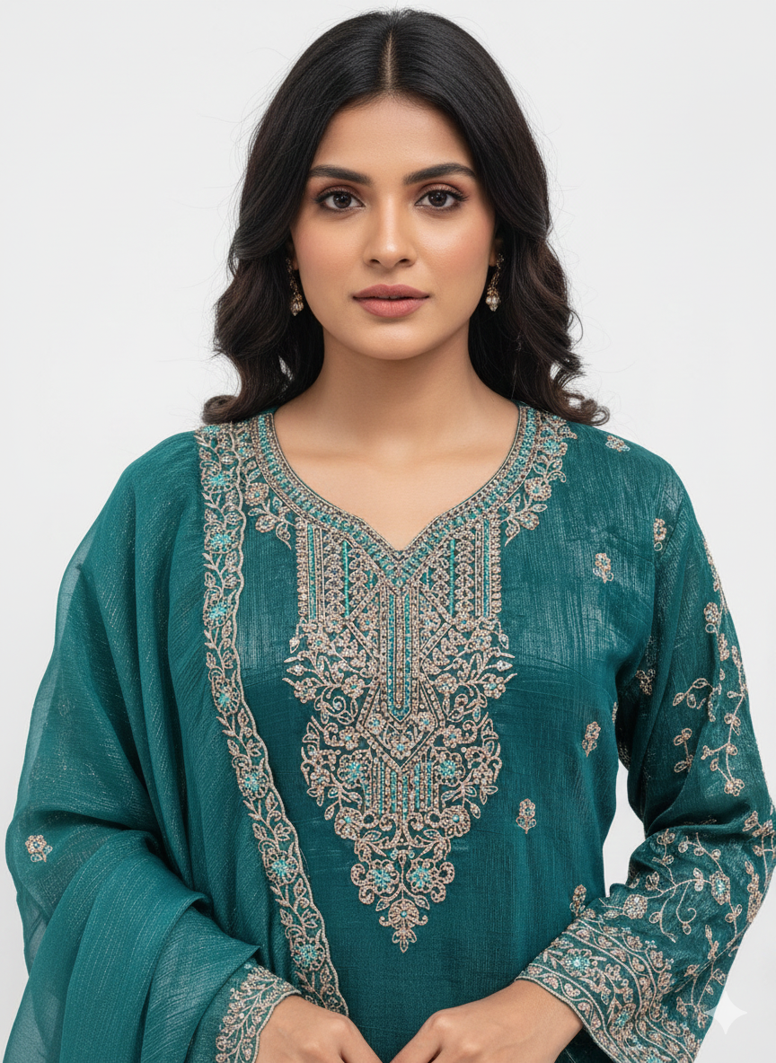 Crunchy Fabric Readymade Sharara Suit With Thread Work & Zarkan Touching