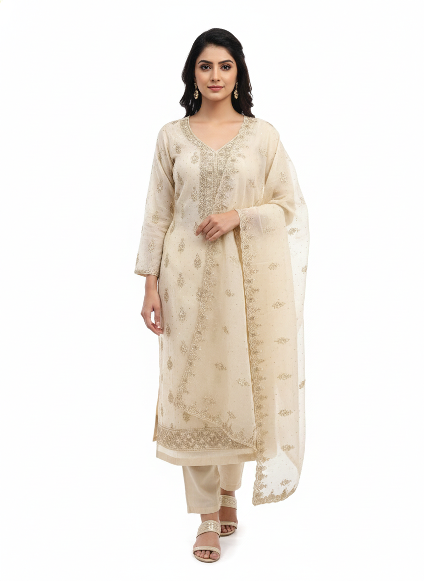 Premium glass organza fabric ladies suit with graceful drape