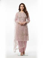 Handcrafted zari embroidery detailing on organza stitched suit
