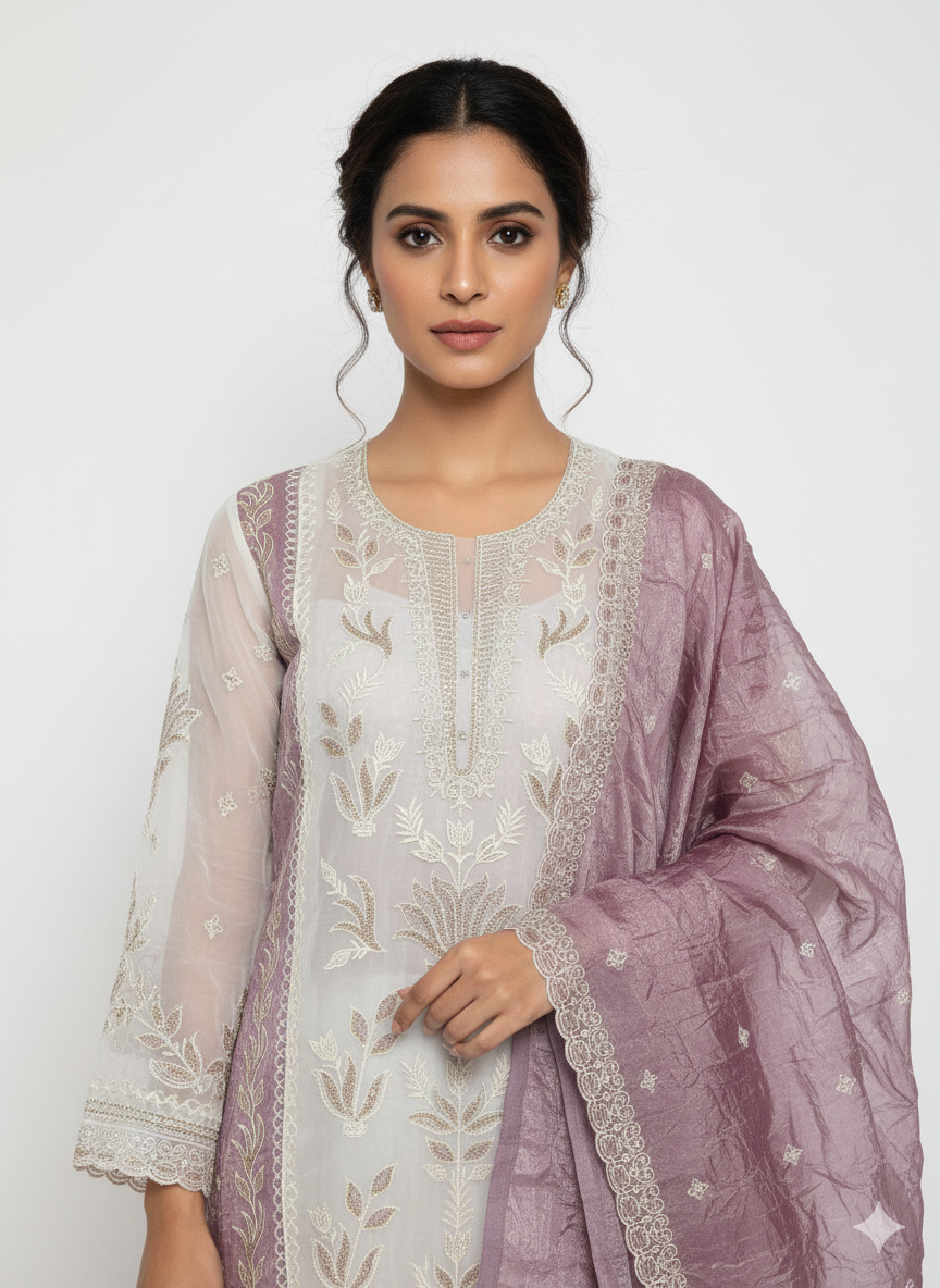 Elegant Glass Organza Unstitched Suit Set with Zari & Zarkan Work
