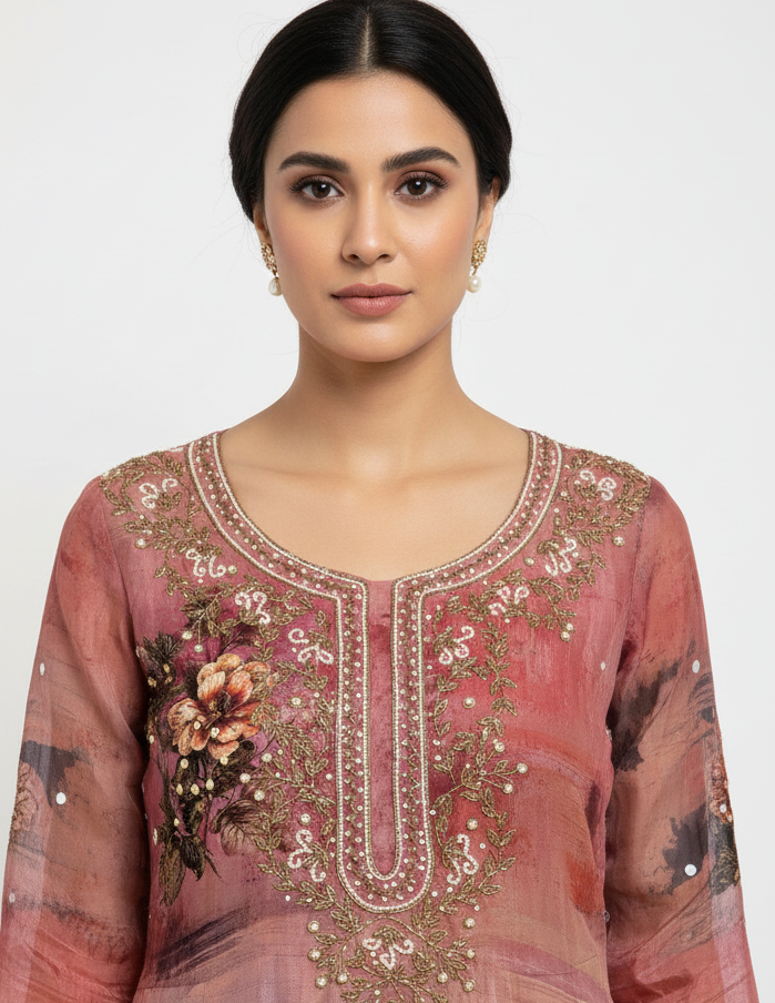 Printed Glass Organza Unstitched Suit Set with Zarkan Work And Worked Dupatta