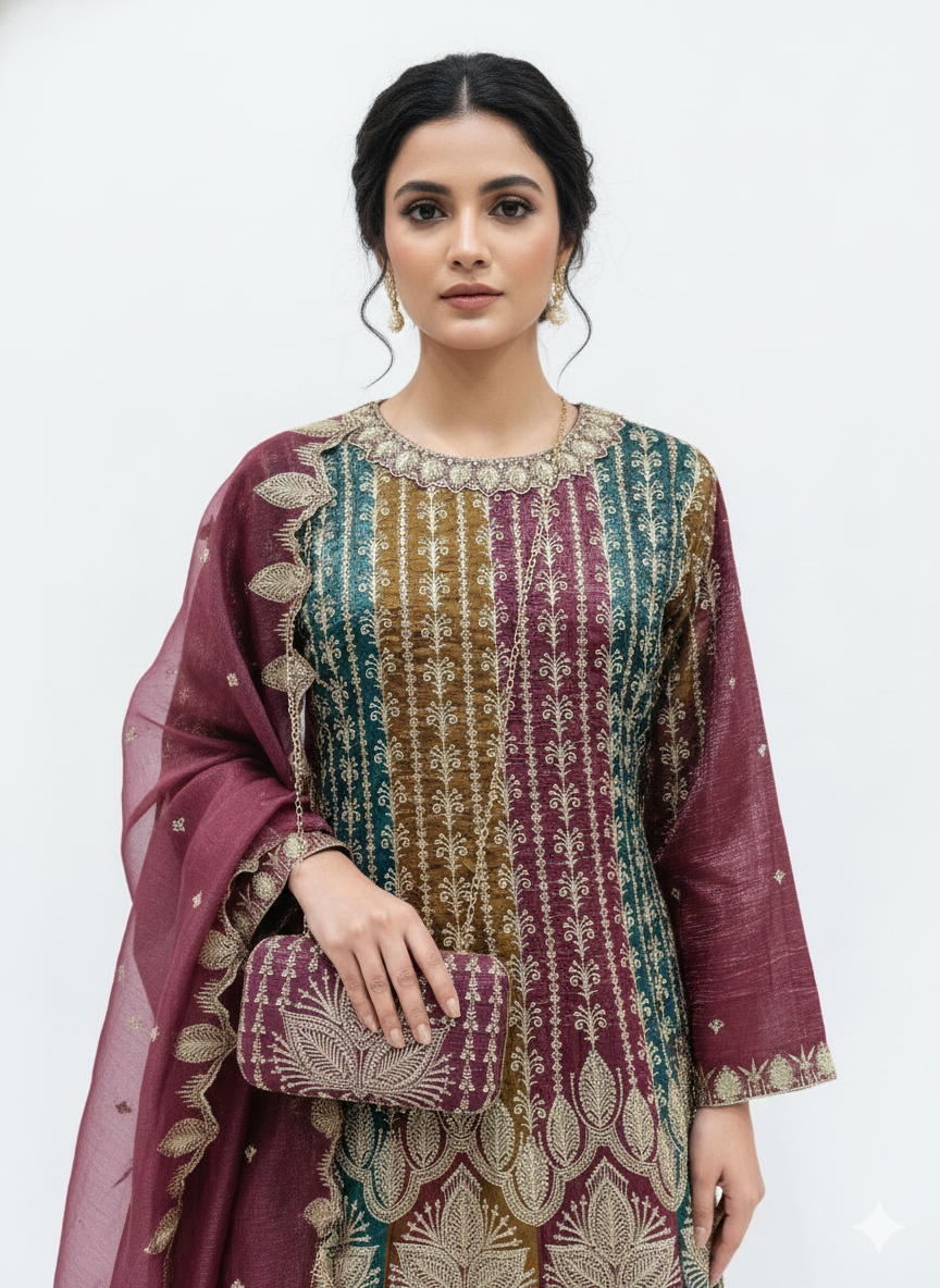 Glint Organza Peplum Top & Sharara Set with Zari & Zarkan Work – Matching Purse