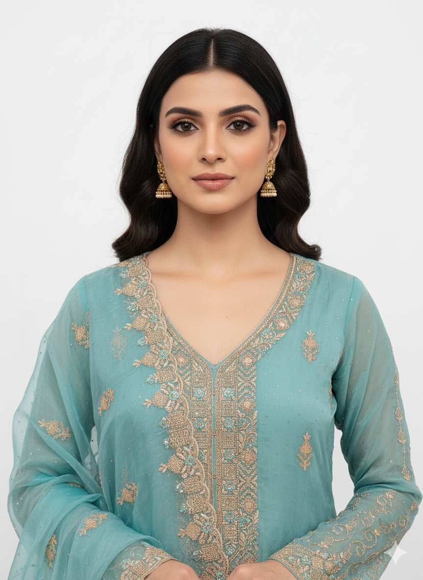 Pakistani Glass Organza Suit with Dupatta Work – Thread & Zarkan Embroidery