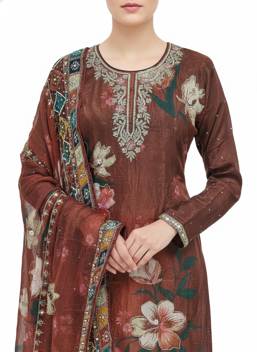 Glass Organza Semi-Stitched Suit Set with Gharara Bottom, Digital Block Print & Zarkan Work