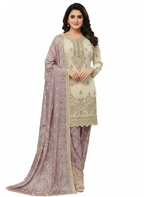 Readymade Suit with Printed Dupatta and Sharara, Gold Thread & Mirror Work in Chinon Fabric