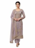 Ladies suit design featuring mausam organza fabric with subtle metallic sheen