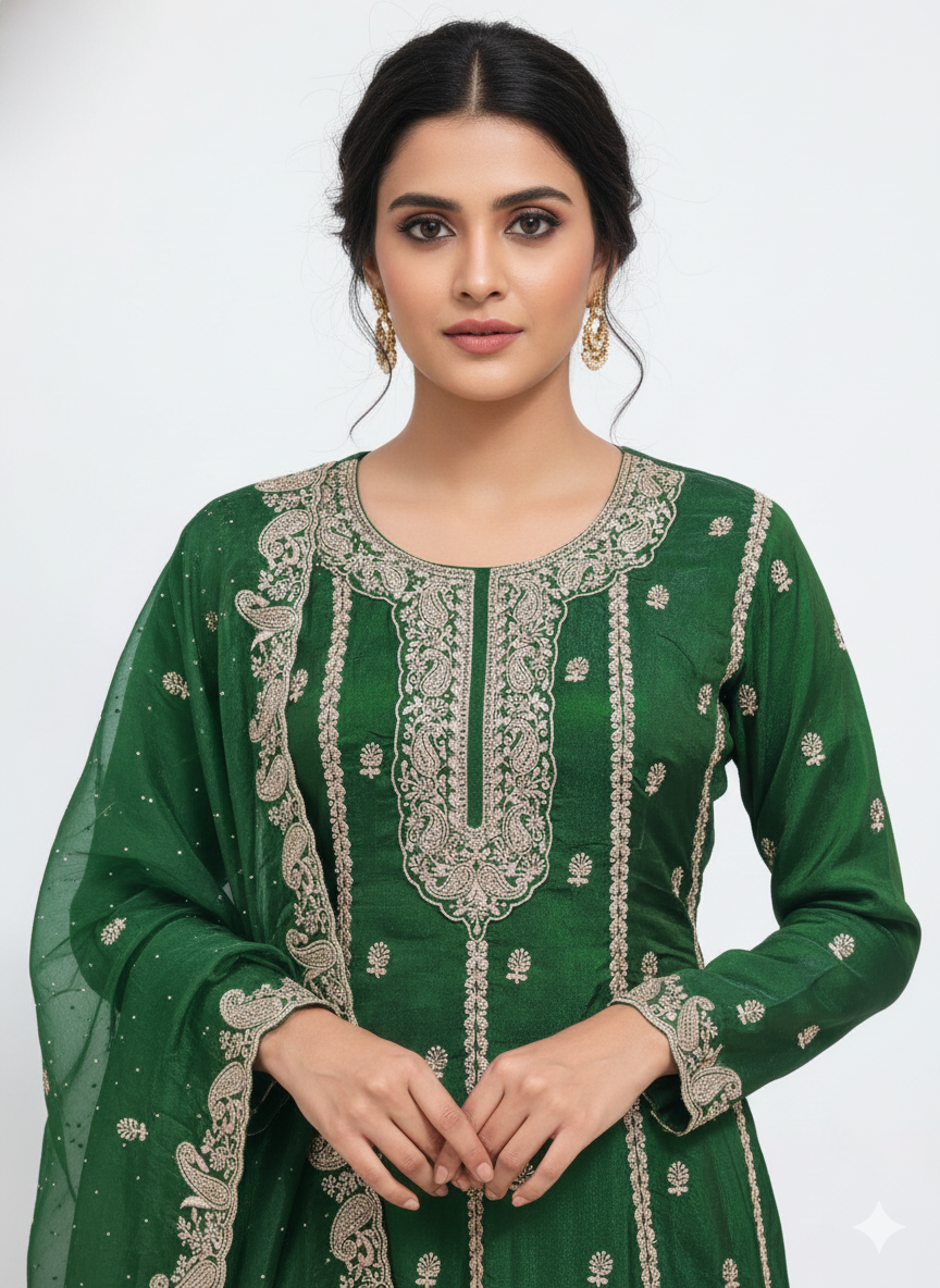 Fendy fabric peplon top and sharara suit with embroidered dupatta