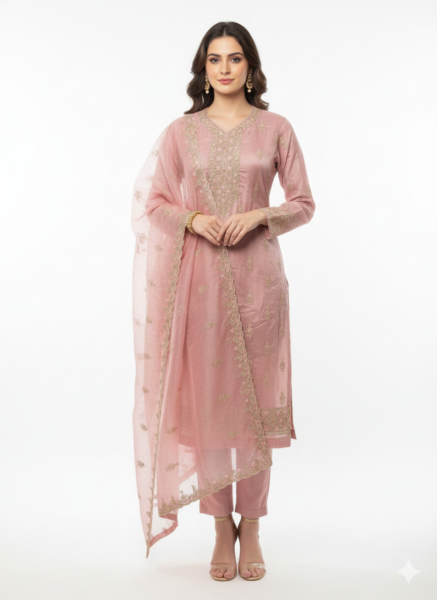Pakistani inspired glass organza unstitched ladies suit with thread and zarkan embroidery