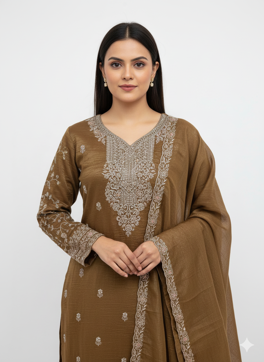 Crunchy Fabric Readymade Sharara Suit With Thread Work & Zarkan Touching
