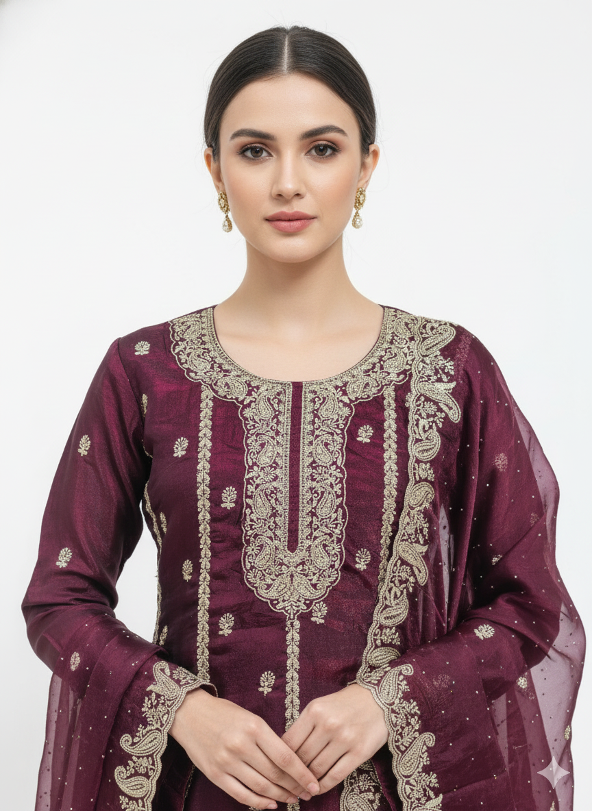 Thread embroidery and zarkan work detailing on festive sharara suit