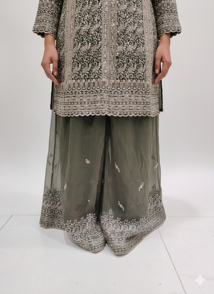 Peplum Top & Sharara Set with Designer Purse in Crush Luxe Organza Fabric