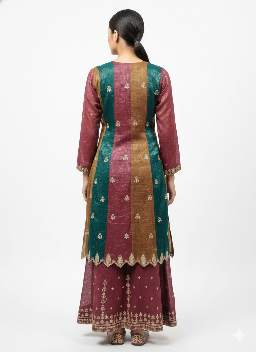 Glint Organza Peplum Top & Sharara Set with Zari & Zarkan Work – Matching Purse