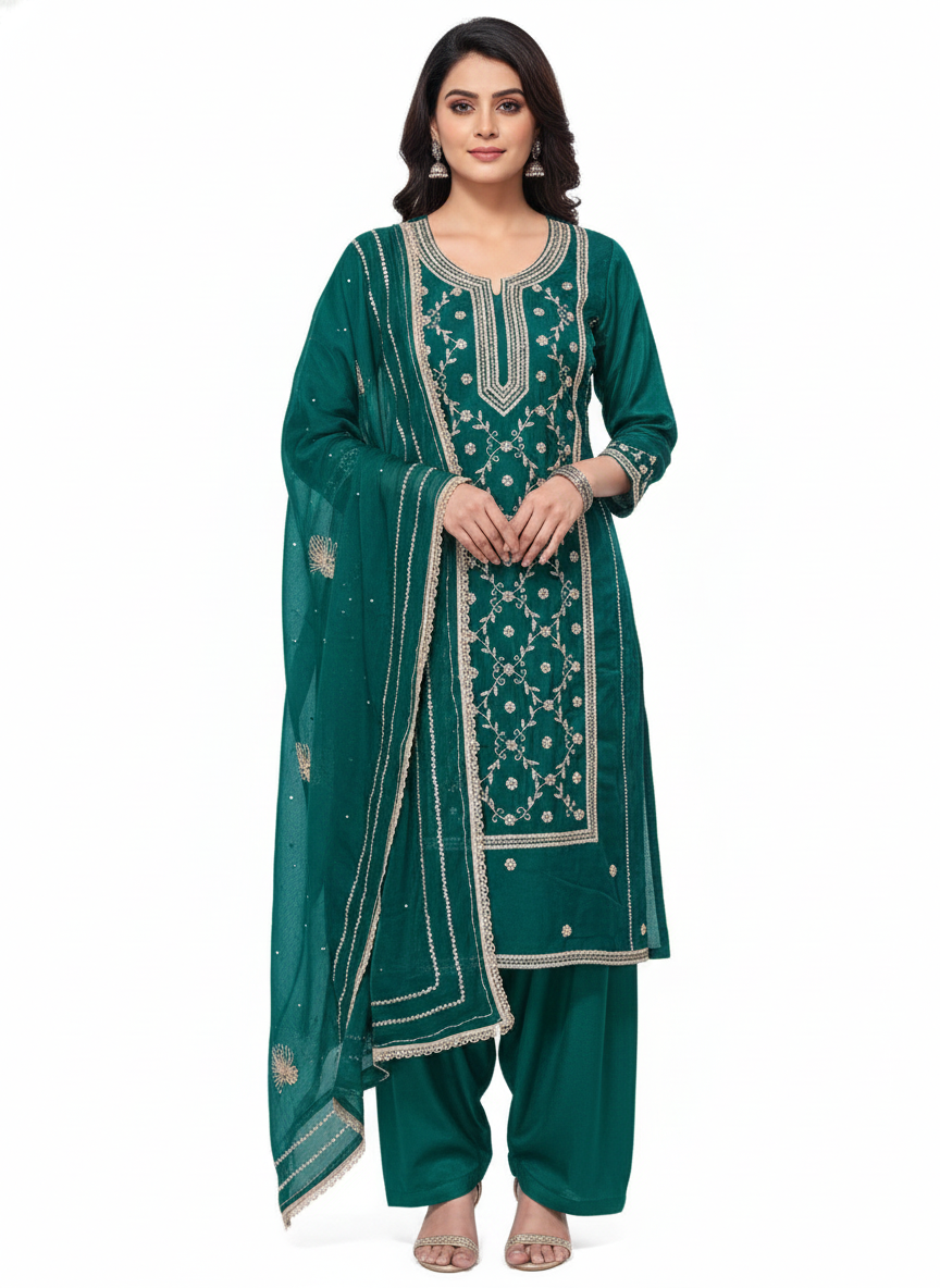 Glass Organza Unstitched Suit with Handcrafted Cutdana, Beads & Zarkan Work