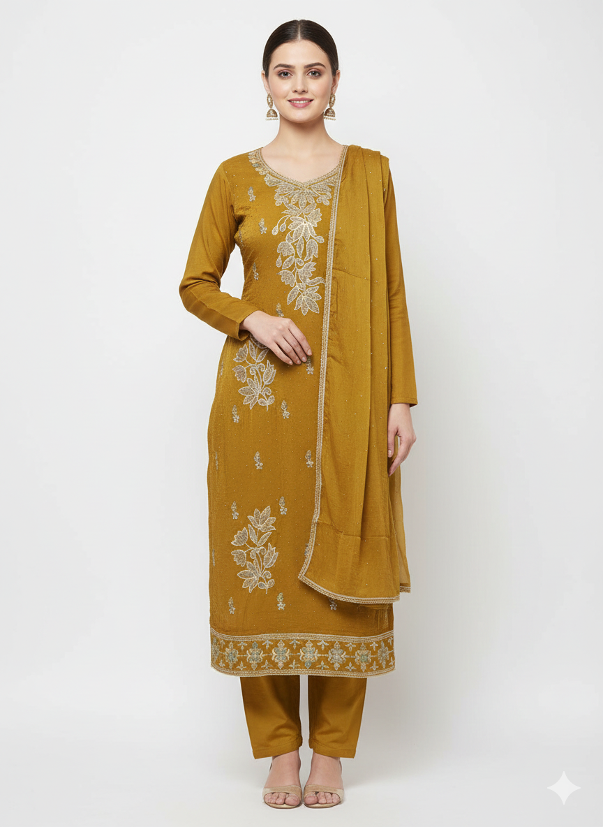 Unstitched ladies suit in crunchy fabric with zari and zarkan work
