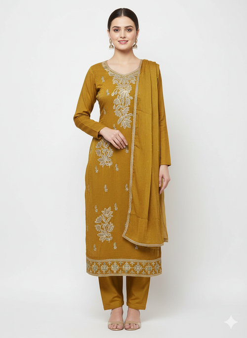 Unstitched ladies suit in crunchy fabric with zari and zarkan work