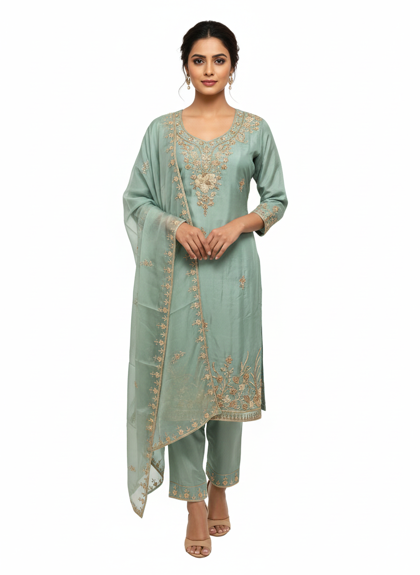 Traditional ladies suit with chikankari dupatta and fine detailing