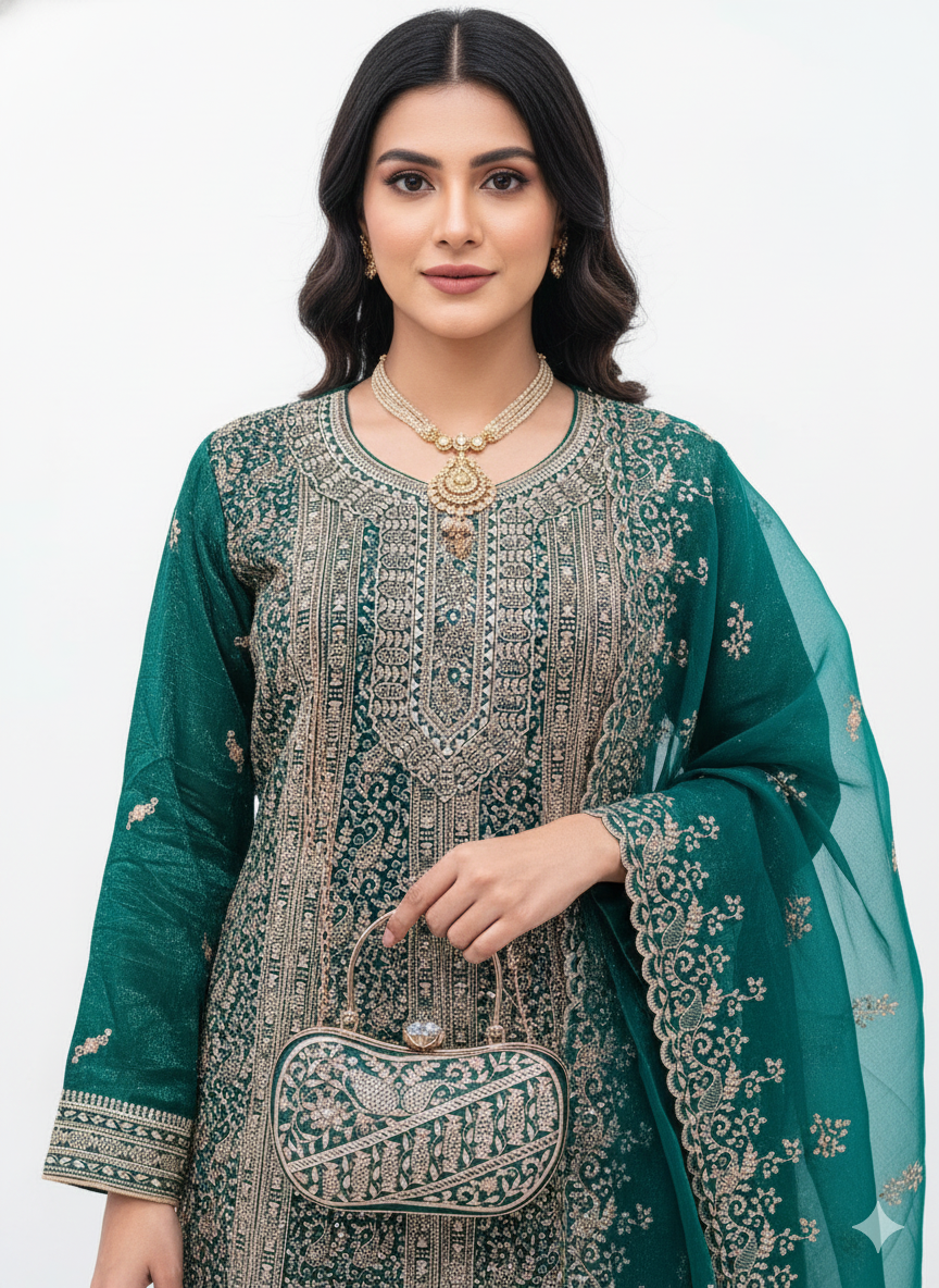 Peplum Top & Sharara Set with Designer Purse in Crush Luxe Organza Fabric