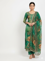 Unstitched suit set for women with glass organza top and shantoon bottom