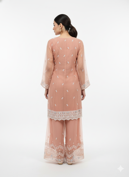 Chiffon Organza Top-Peplon & Sharara Set with Zari & Zarkan Work