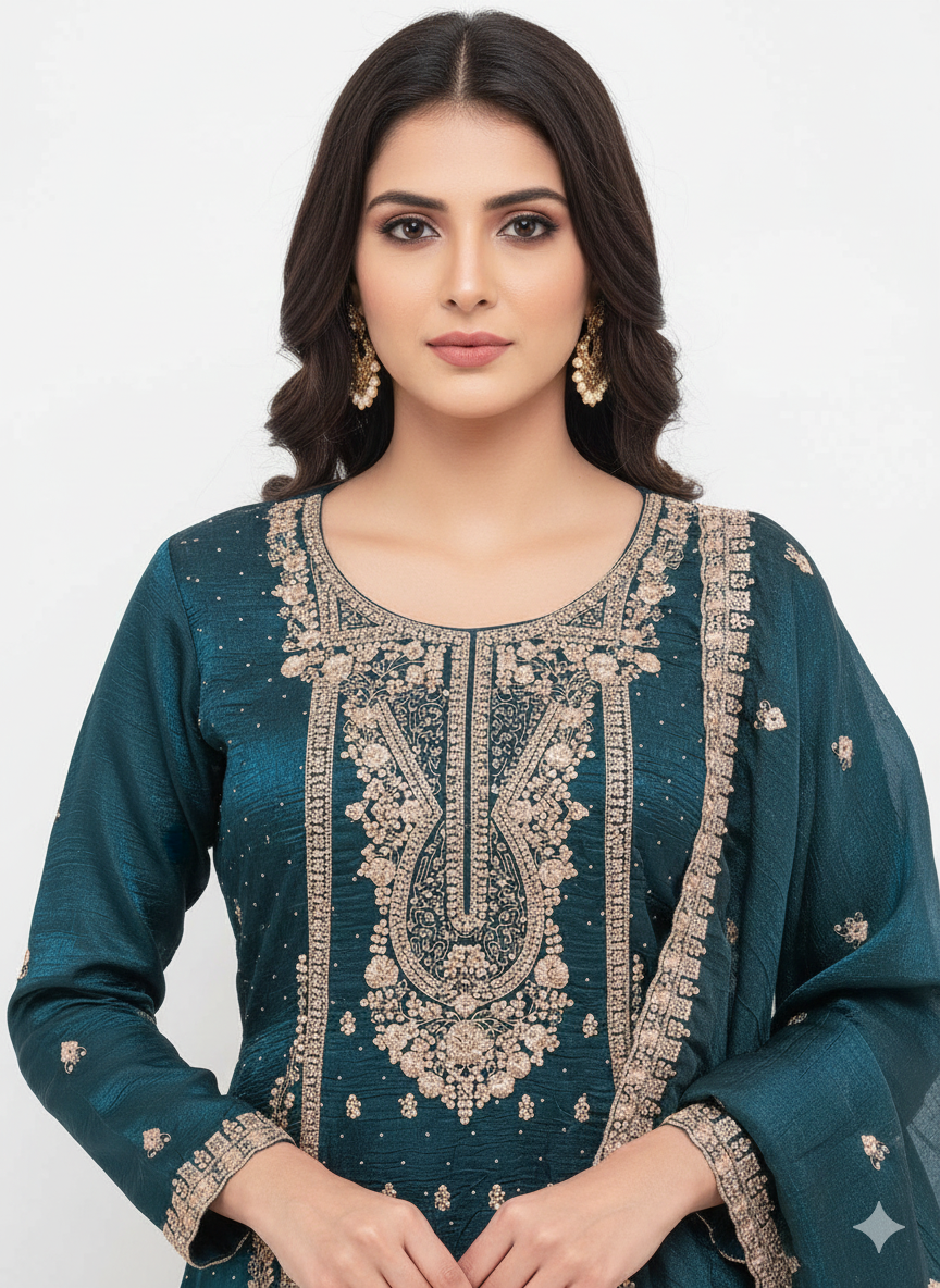 Crunchy Fabric Ready-Made Suit with Zari & Zarkan Work, Pant-Cut Pajama & Dupatta