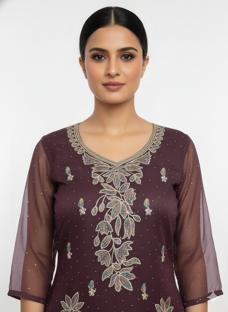 Crunchy Top Unstitched Suit with Santoon Bottom, Chiffon Dupatta and Zari & Zarkan Work