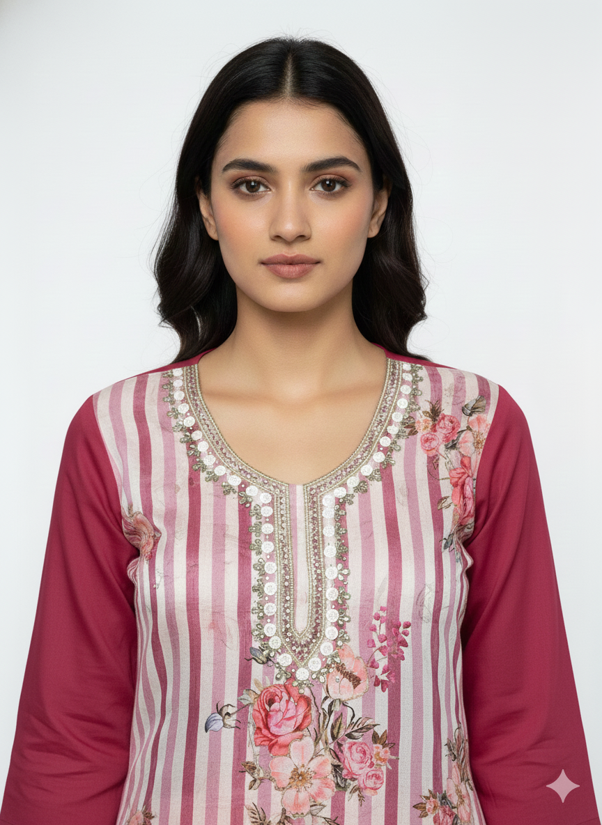 Handcrafted Printed Glass Organza Unstitched Suit Set with Zarkan & Thread Embroidery