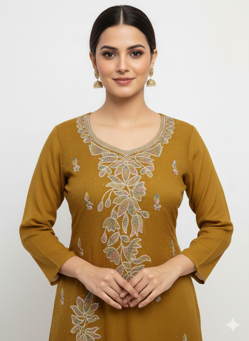 Woman wearing a mustard yellow kurta with intricate white embroidery on a white background