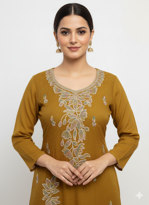 Woman wearing a mustard yellow kurta with intricate white embroidery on a white background