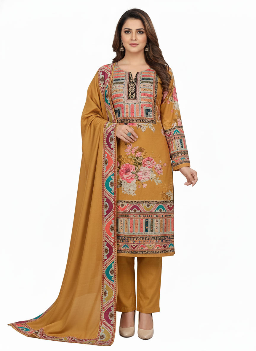 Readymade muslin ladies suit with printed design and rayon pant