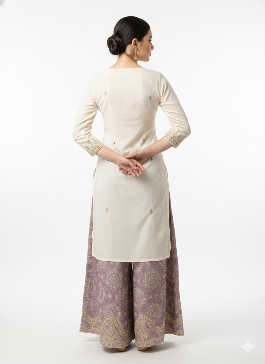 Readymade Suit with Printed Dupatta and Sharara, Gold Thread & Mirror Work in Chinon Fabric