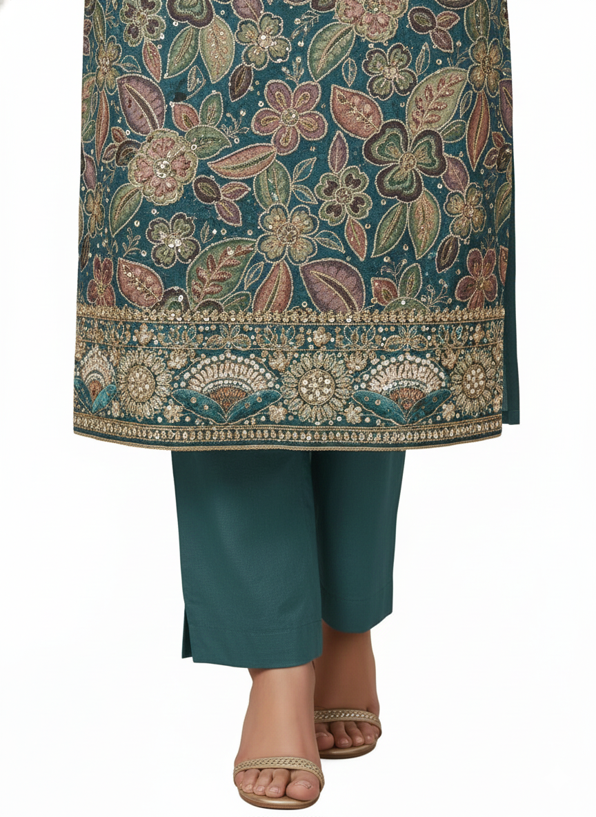 Premium handcrafted ladies suit in printed chinon fabric