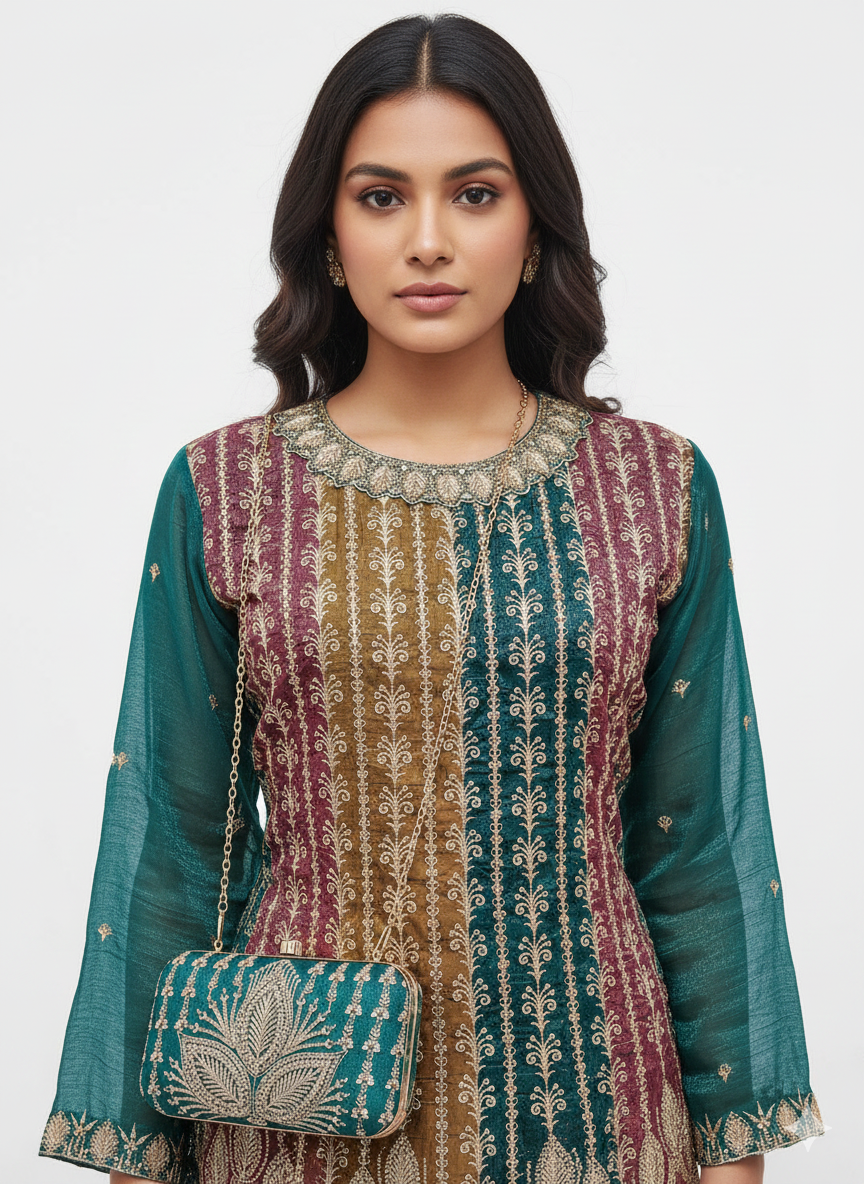 Glint Organza Peplum Top & Sharara Set with Zari & Zarkan Work – Matching Purse