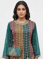 Glint Organza Peplum Top & Sharara Set with Zari & Zarkan Work – Matching Purse